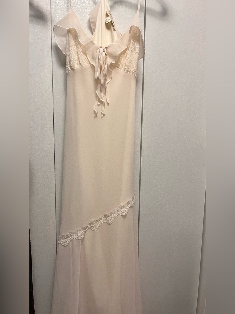 Ivory Ruffle-Trim Maxi Dress with Lace Accents